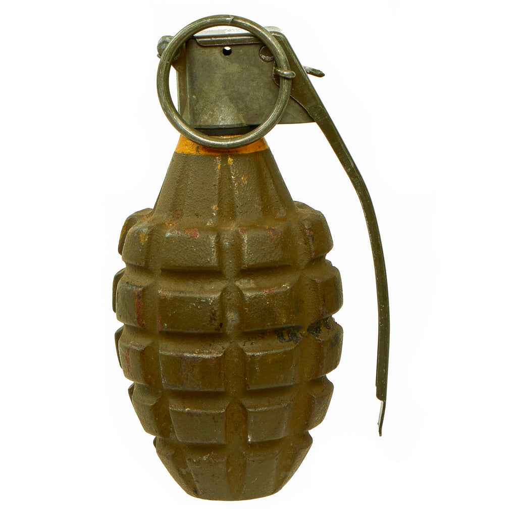 Original U.S. WWII Inert MkII Pineapple Grenade with Yellow Ring & Vietnam War Era M204A2 Fuze Original Items