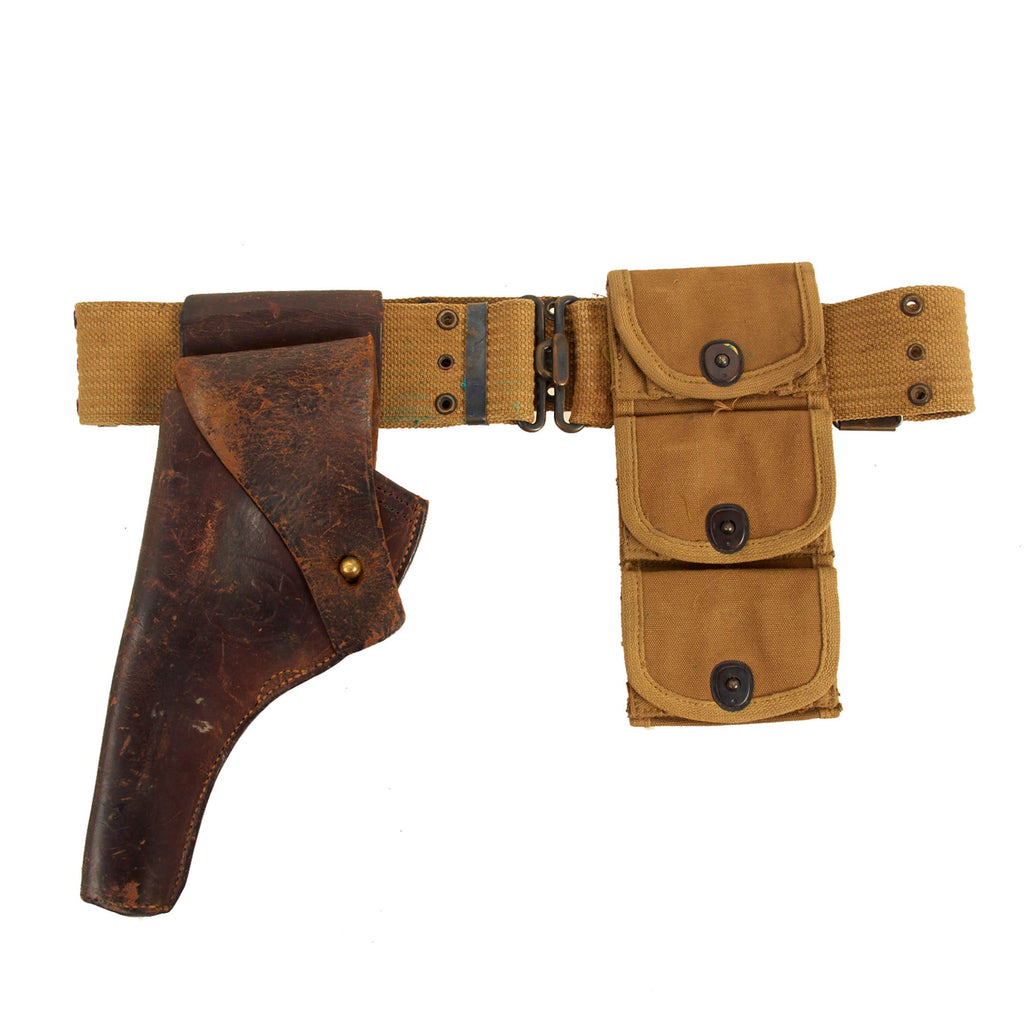 Original U.S. WWI M1917 Holster for 1911 .45 Revolver with M-1910 Pistol Belt, & WWI Half Moon Clip .45 Cal 3 Pocket Pouch - Dated 1918 Original Items