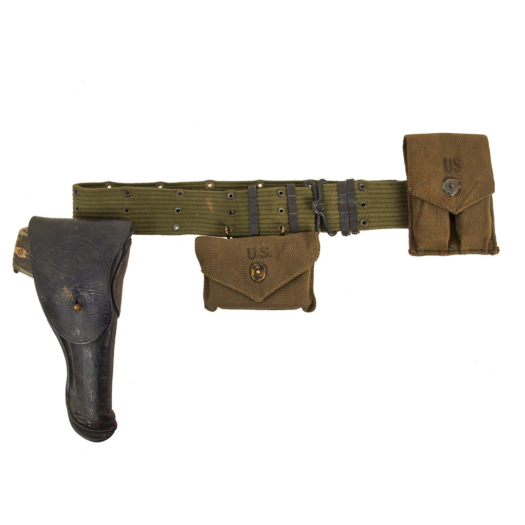 Original U.S. Vietnam War Era M-1956 Load-Carrying Equipment Belt With Black M1911 Holster With Resin M1911 Pistol Prop, First Aid Pouch With Bandage and Magazine Pouch Original Items