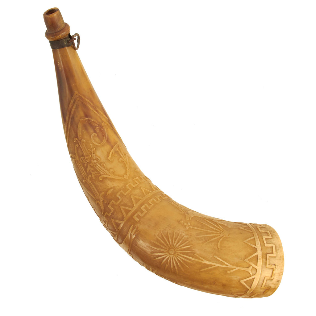 Original Mid - Late 18th Century Carved Powder Horn with Game Fowl and Stag Designs Original Items