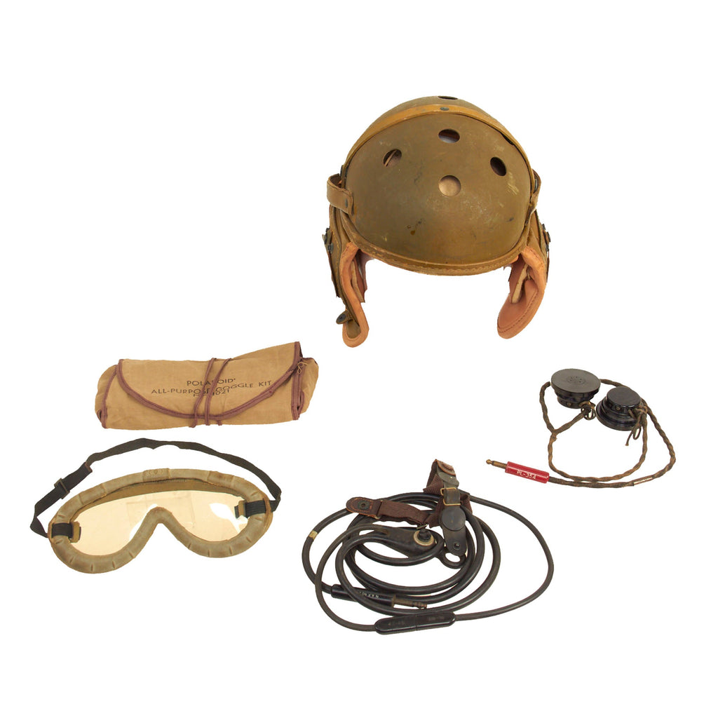 Original U.S. WWII M38 Tanker Helmet by Rawlings with Type ANB-H-1 Earphones, Throat Mic and Early Polaroid Goggles Original Items