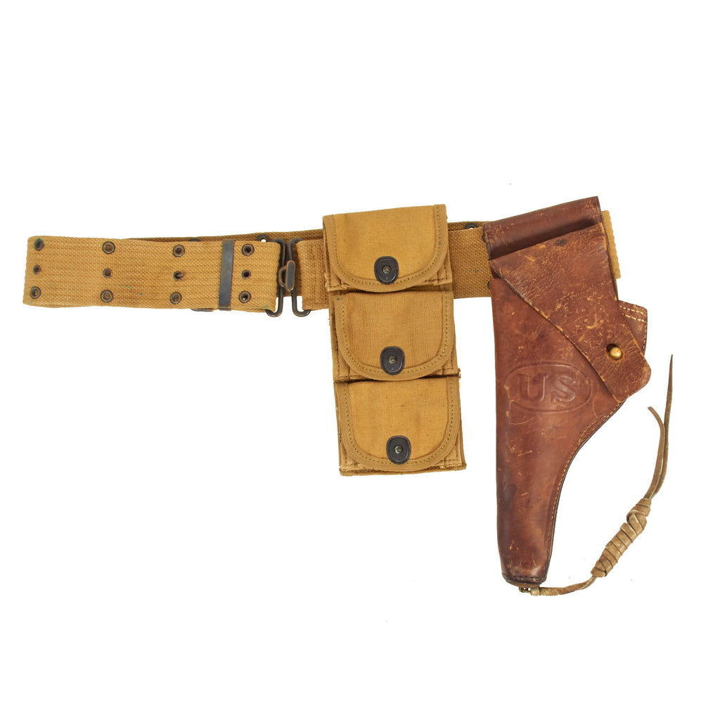 Original U.S. WWI M1917 Holster for 1911 .45 Revolver with M-1910 Pistol Belt, & WWI Half Moon Clip .45 Cal 3 Pocket Pouch - Dated 1918 Original Items