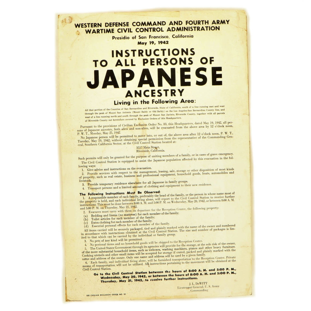 Original U.S. WWII 1942 Japanese - American Civilian Exclusion Order No. 83 - San Bernadino and Riverside Counties of California Original Items