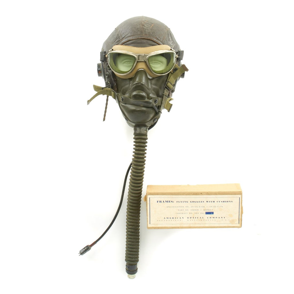 Original U.S. WWII Army Air Force Aviator Flight Helmet Set - AN6530 Green Goggles, A-14 Mask, A-11 Helmet Original Items