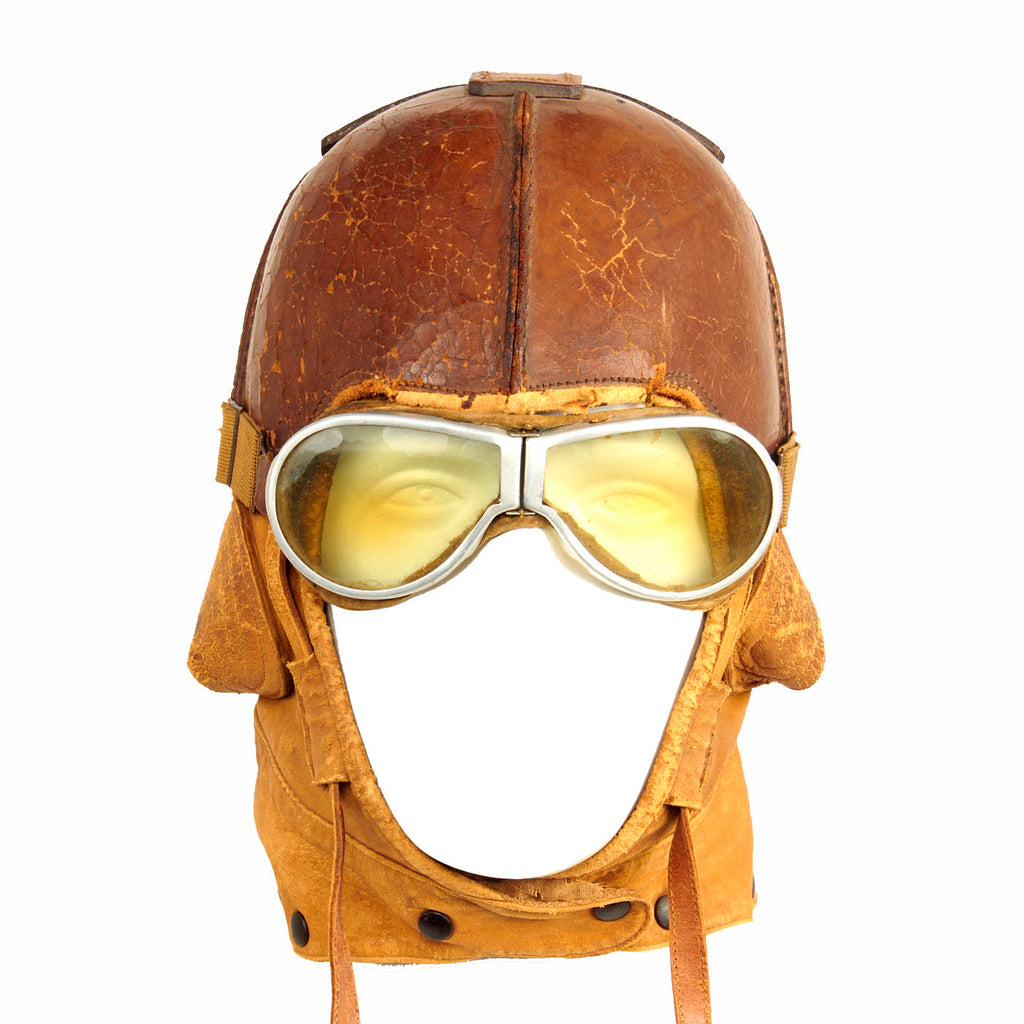 Original U.S. WWI Aero Squadron Stiff Leather Flying Helmet by Spalding With Resistal Goggles Original Items