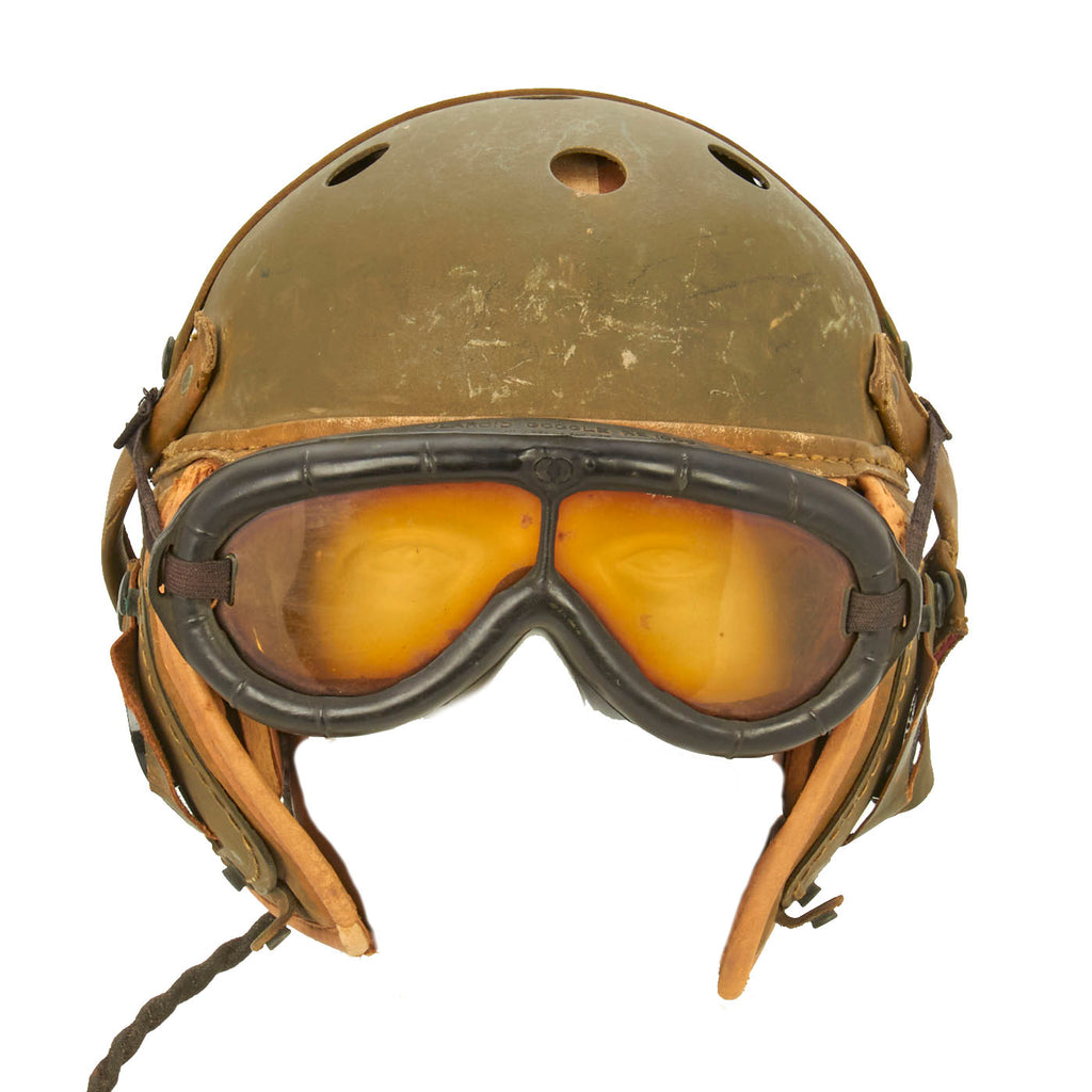 Original U.S. WWII M38 Tanker Helmet by Rawlings with Type R-14 Earphones and Polaroid 1021 Goggles - Size 7 ⅛ Original Items