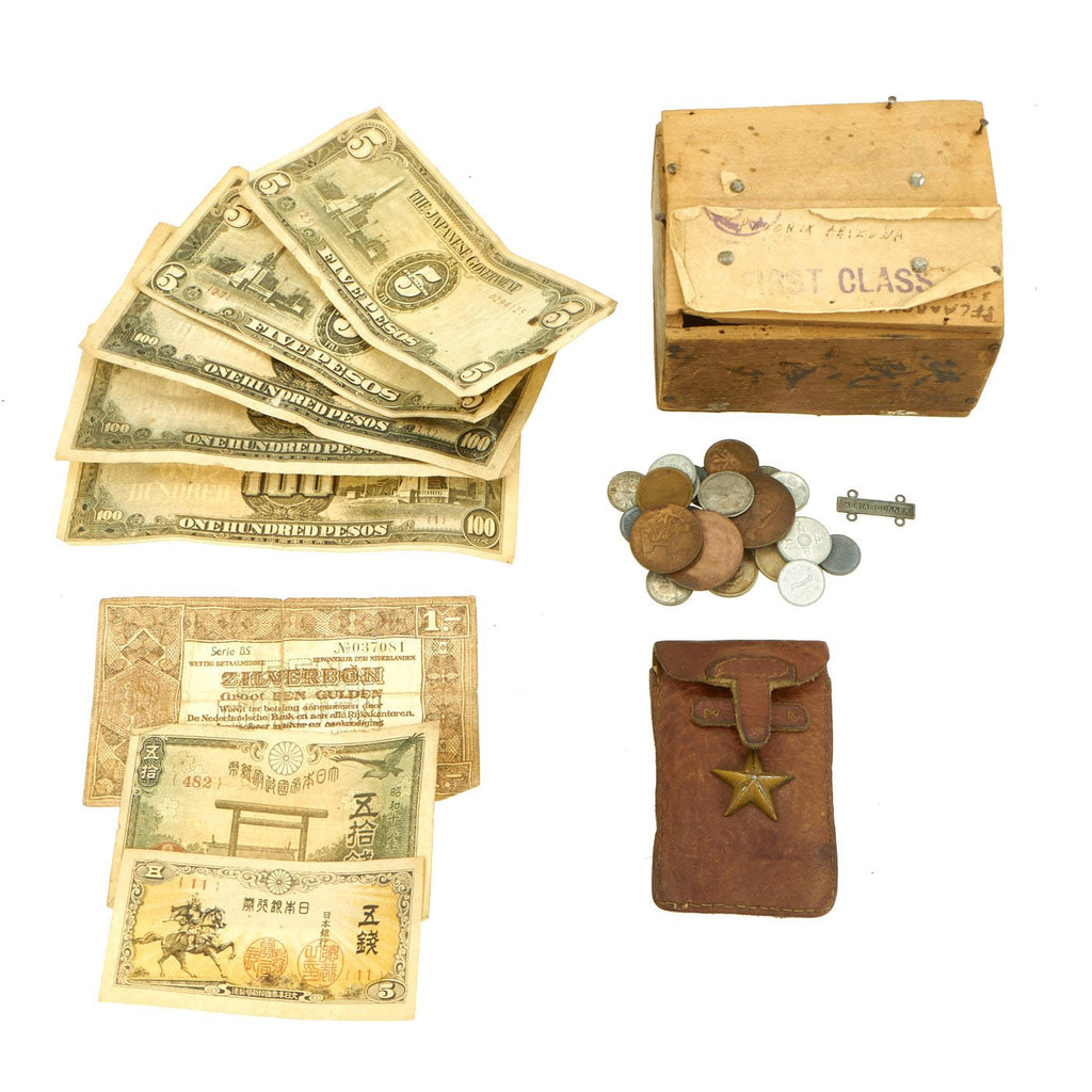 Original Japanese  WWII USGI Send-home Box Grouping - Wallet, Coins & Paper Money with History Original Items