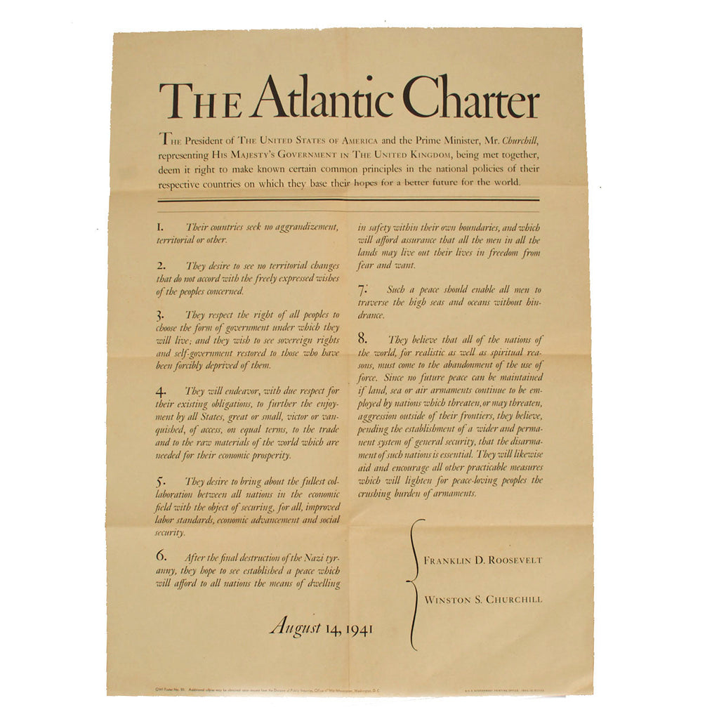 Original U.S. WWII OWI Poster No. 50 “The Atlantic Charter” - 28” x 20” Original Items