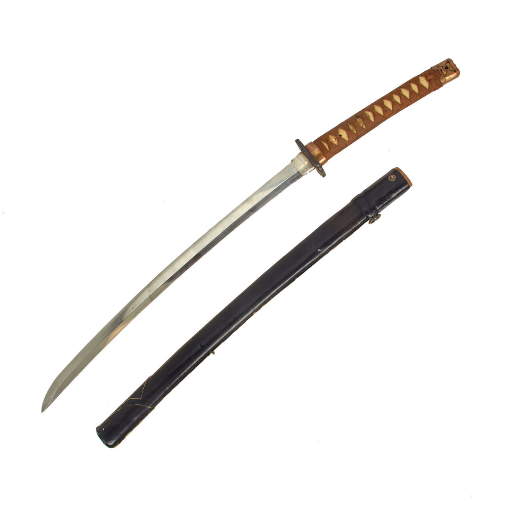 Original WWII Japanese Type 98 Shin-Gunto Wakizashi Sword with Ancient Handmade Blade & Leather Covered Scabbard Original Items