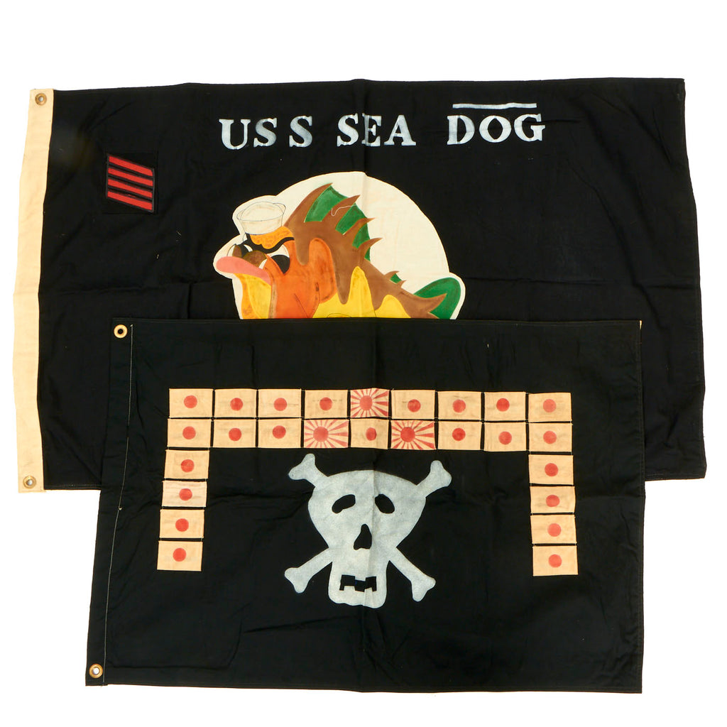 U.S. WWII Handmade US Navy Submarine Battle Flags, USS Sea Dog (44” x 26 ½”) & USS Drum (34” x 23”) - 2 Flags Original Items