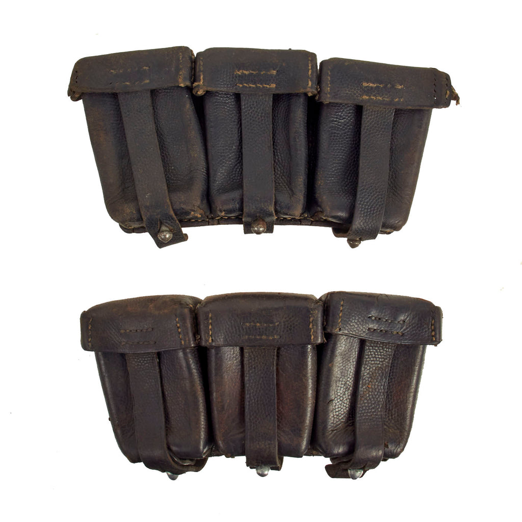 Original German WWII Naval Black Leather Mauser 98k Triple Pouch Lot with Kriegsmarine Markings dated 1942 - 2 items Original Items