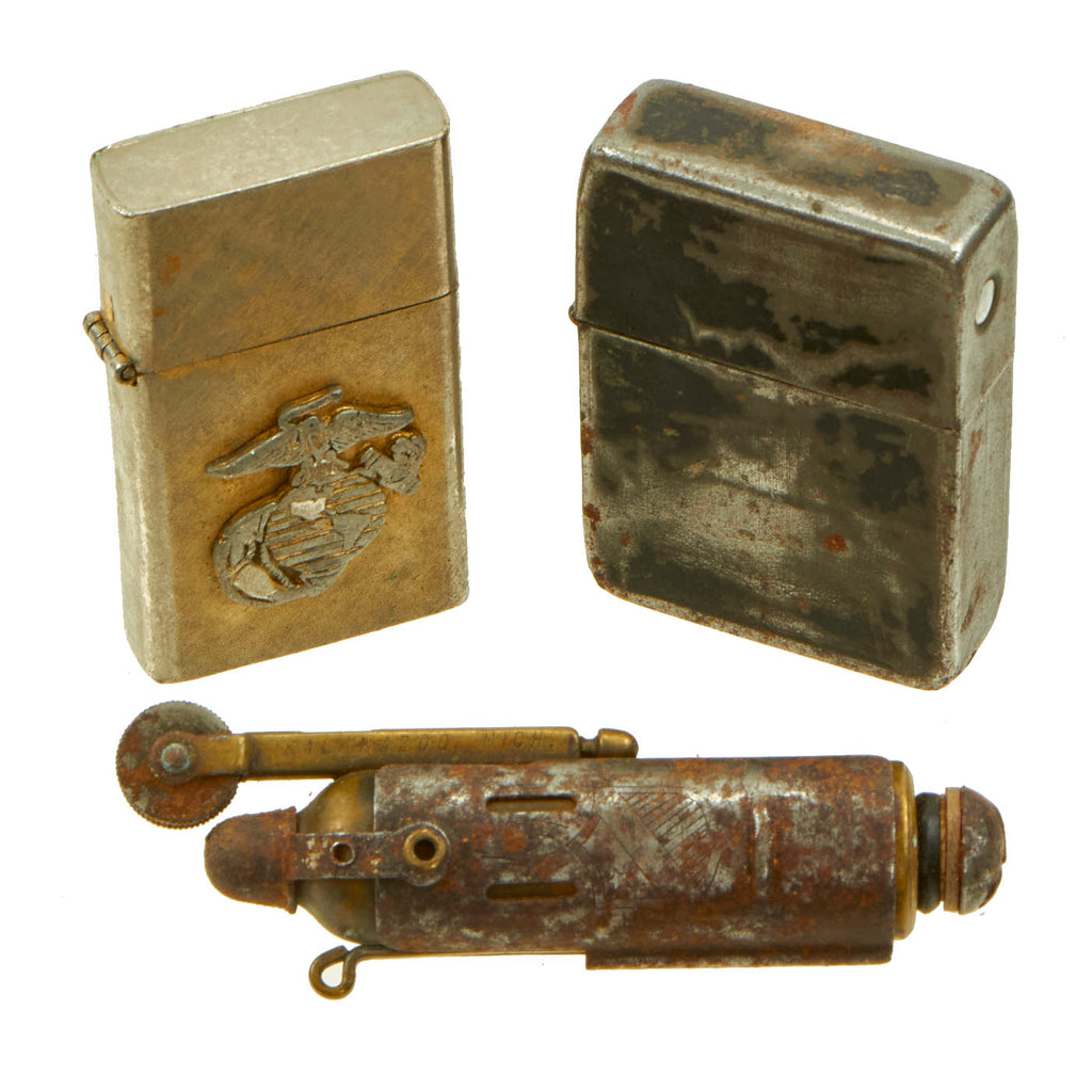 Original U.S. WWII 14k Gold Plated USMC Lighter Grouping With Zippo Style and Trench Lighters Original Items