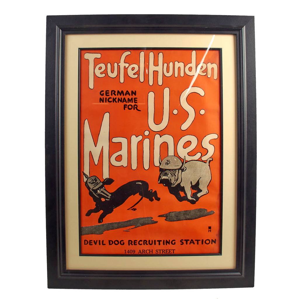 Original U.S. WWI US Marine Corps “Teufel Hunden” Recruitment Poster With Frame - 26 ½” x 35” Original Items