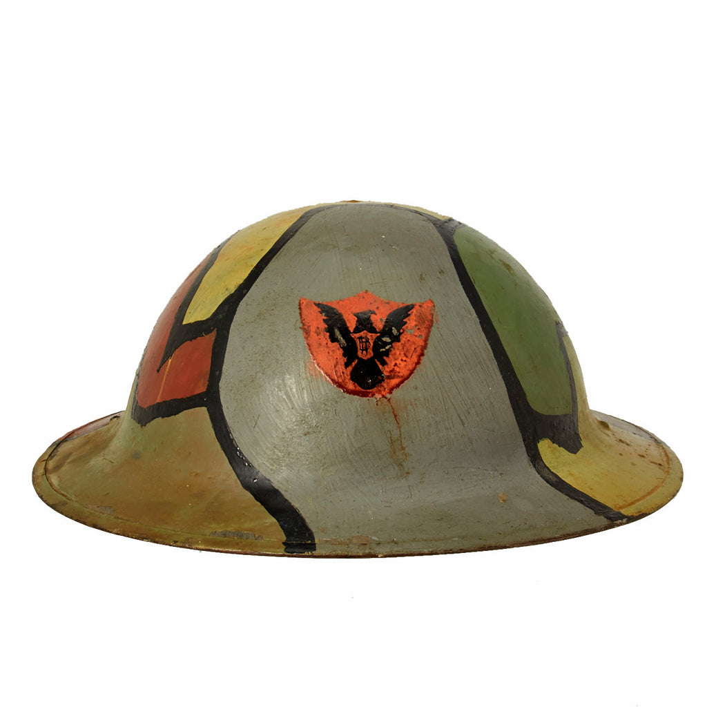 Original U.S. WWI 86th Infantry Blackhawk Division Machine Gun Battalion M1917 Doughboy Helmet with Multi-Colored Camouflage Paint Original Items