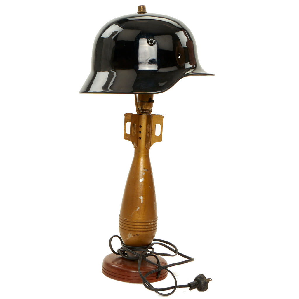 Original U.S. WWII 81mm Mortar Trench Art Lamp With German M40 Helmet Shell Lamp Shade - Functional Original Items