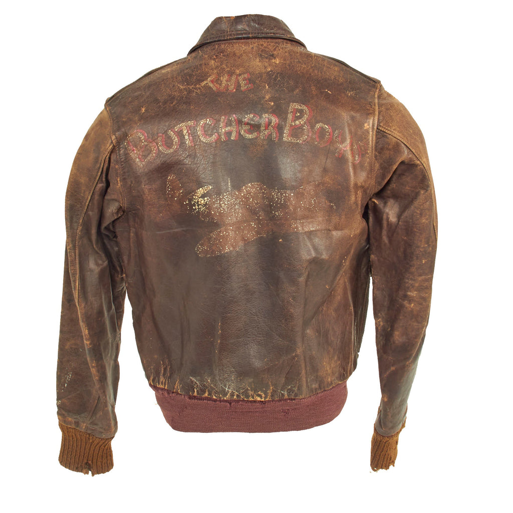 Original U.S. WWII 411th Fighter Squadron, 373rd Fighter Group, 9th Air Force Painted A-2 Leather Flight Jacket For “The Butcher Boys” P-47 Thunderbolt Pilot Original Items