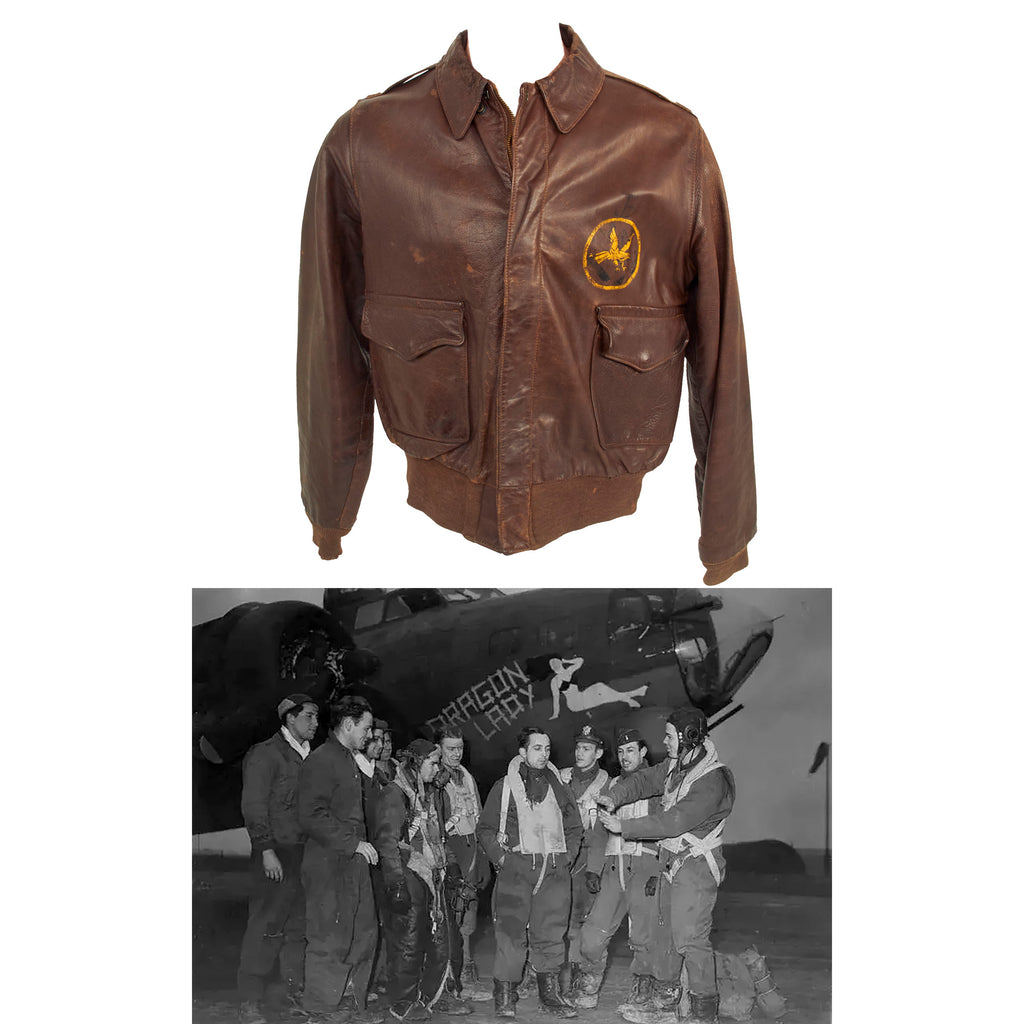 Original U.S. WWII Named B-17 Flying Fortress “Dragon Lady” 526th Bomb Squadron Painted A-2 Leather Flight Jacket - Co-Pilot James W. Eversole Jr Original Items