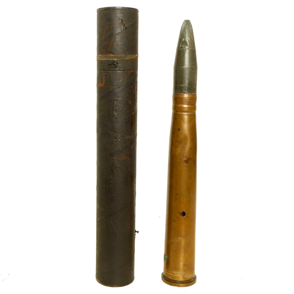 Original U.S. WWII Inert 40mm M25 US Army Issue Bofors Gun Dummy Round With Original Cardboard Container - Dated 1944 Original Items