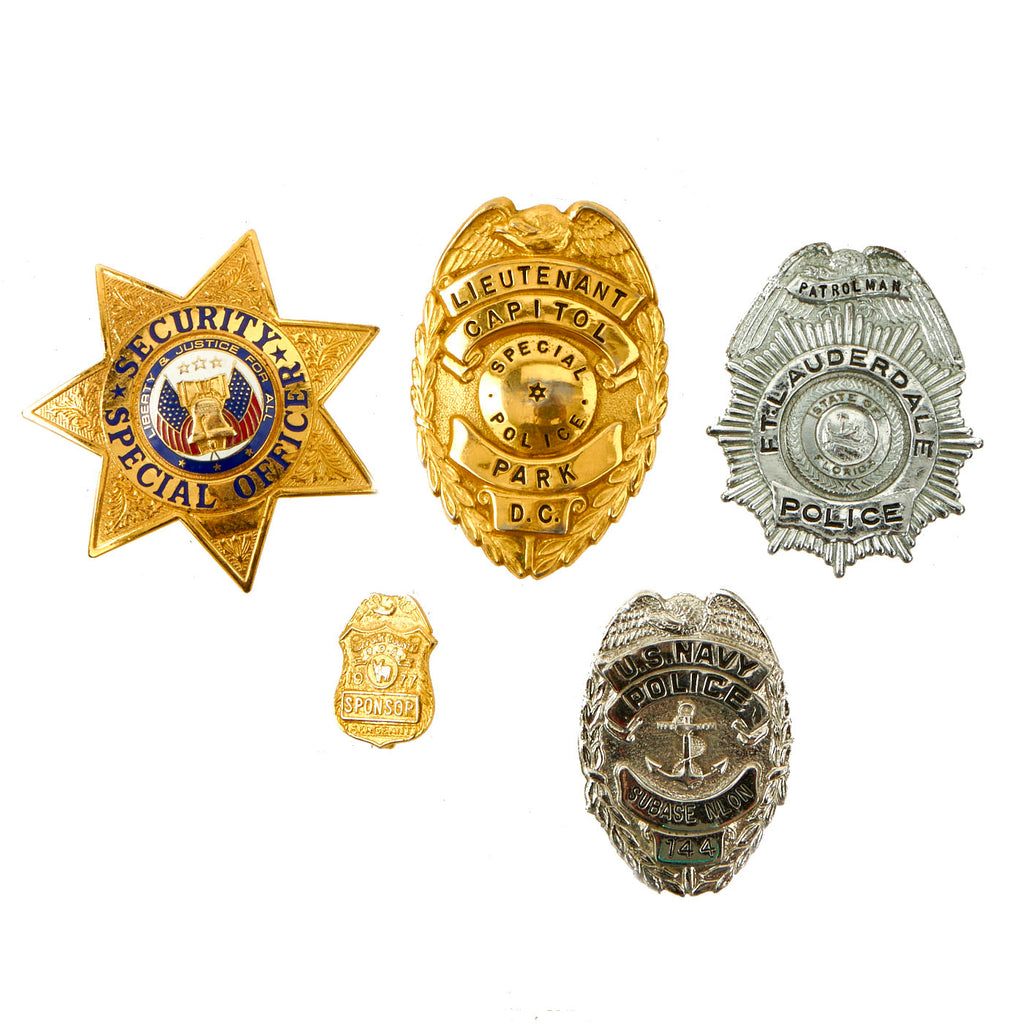 Original U.S. Military, Law Enforcement and Security Guard Badge Collection - 5 Items Original Items