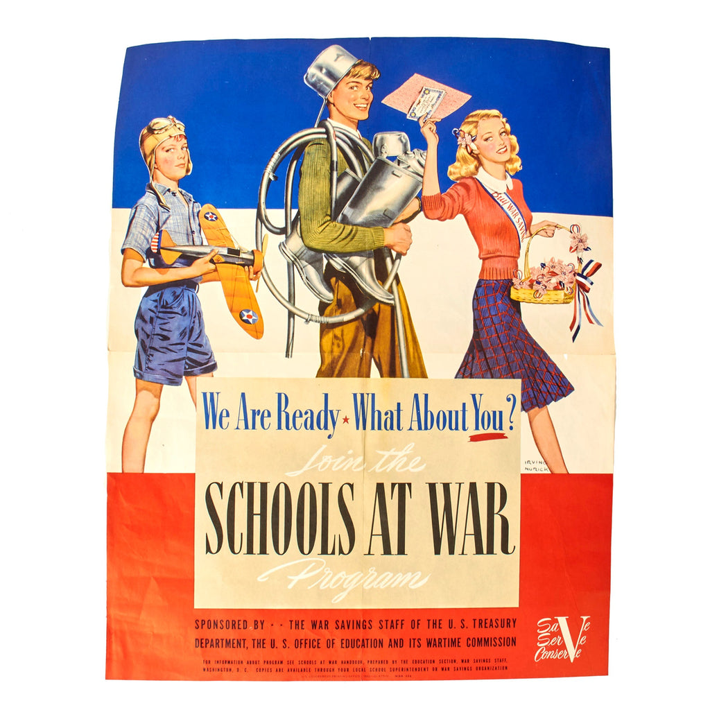 Original U.S. WWII Schools at War Program with artwork by Irving Nurick - 22” x 28” Original Items