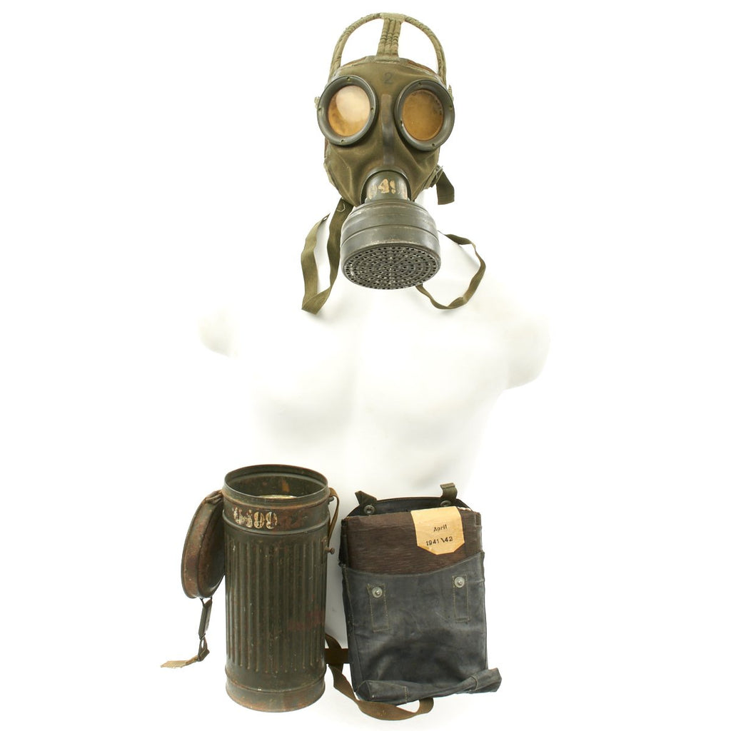 Original German WWII M30 3rd Model Gas Mask with Filter, Can, and Gas Cape Set - All WWII Dated Original Items