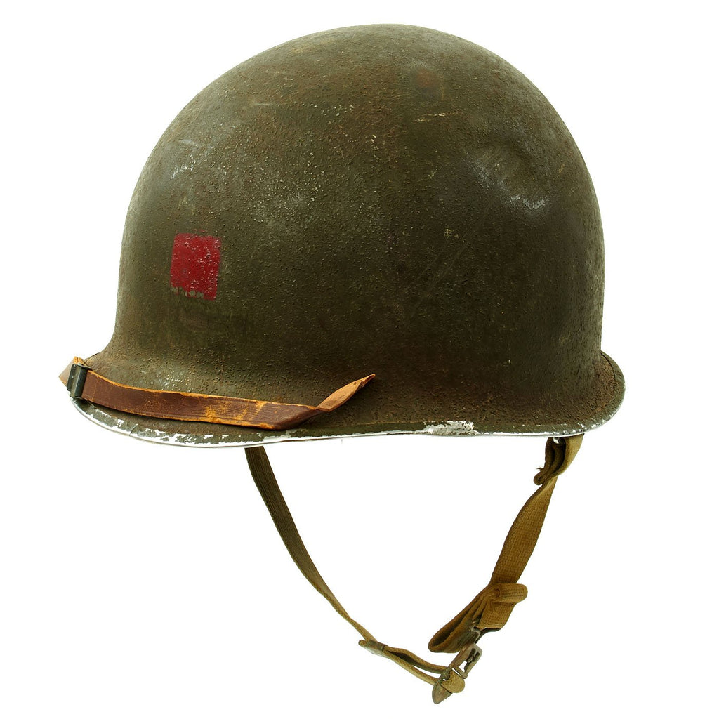 Original U.S. WWII USMC Red Patch Shore Party Marine M1 Fixed Bale Helmet with Westinghouse Liner Original Items