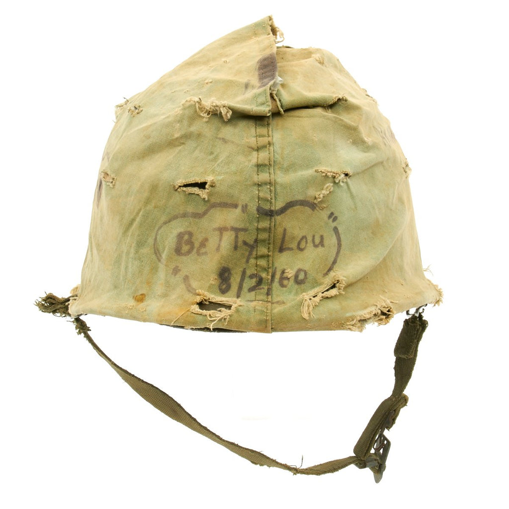 Original U.S. WWII Vietnam War M1 Helmet "Betty Lou" with USMC Reversible Camouflage Cover Original Items