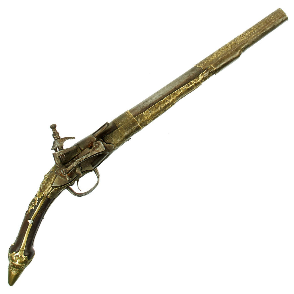 Original 19th Century Greek or Balkan Embossed Brass Clad Miquelet Lock Rat Tail Pistol - circa 1800 Original Items