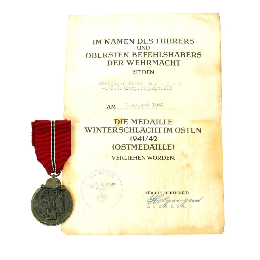 Original German WWII Eastern Front Medal with Award Document Dated 1942 Original Items