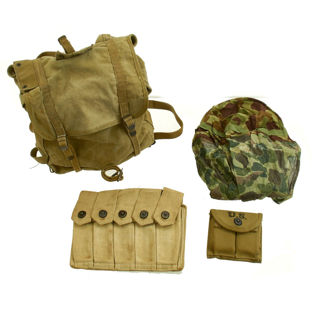 Original U.S. WWII USMC Field Gear Set: M1941 Upper Bag, M1 Carbine Pouch w/ Mags & More Original Items