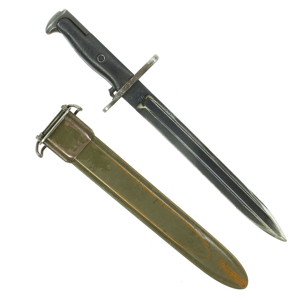 Original U.S. WWI / WWII M1905 Springfield Cut-Down 10" Rifle Bayonet with M7 Scabbard - dated 1914 Original Items