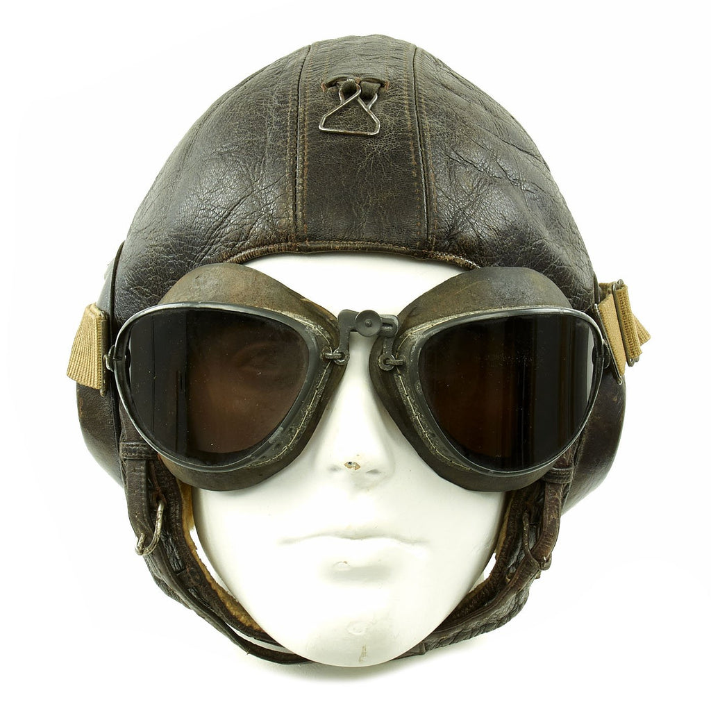 Original German WWII Luftwaffe Model LKpW101 Leather Flying Helmet by Siemens with Tinted Goggles Original Items