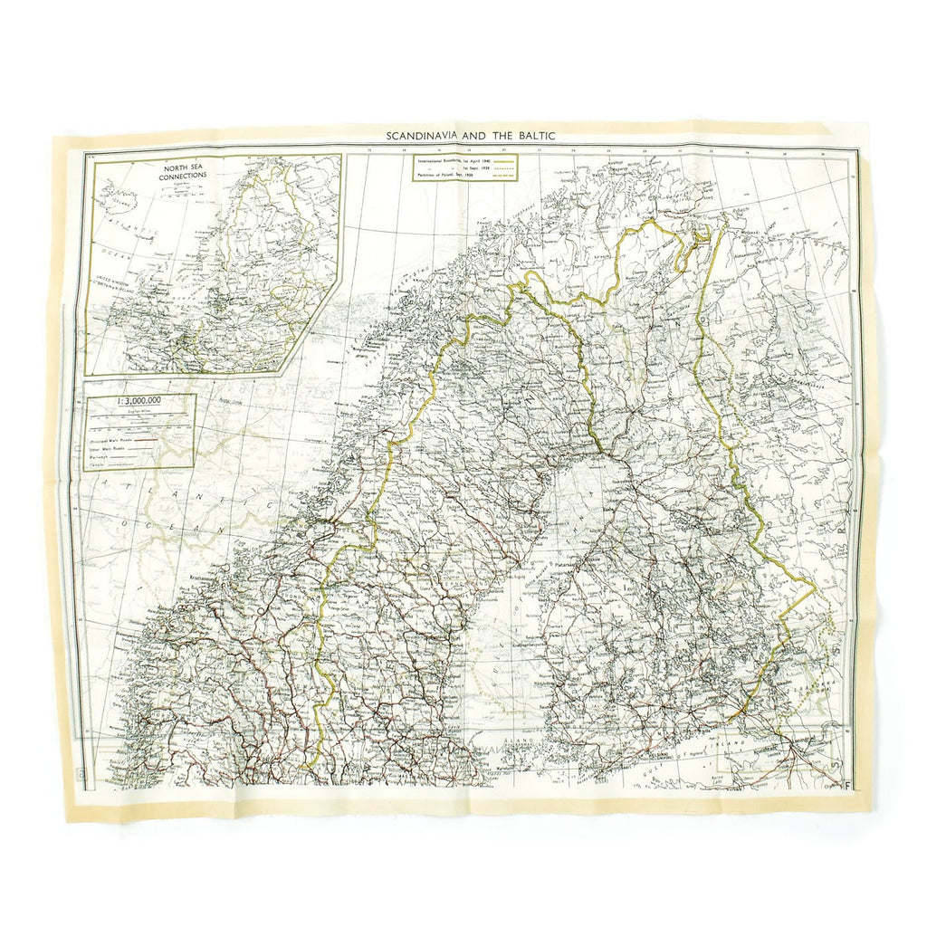 Original British WWII Allied Forces Silk Escape Map of Scandinavia and the Baltic - 22.5" x 18.5" Original Items