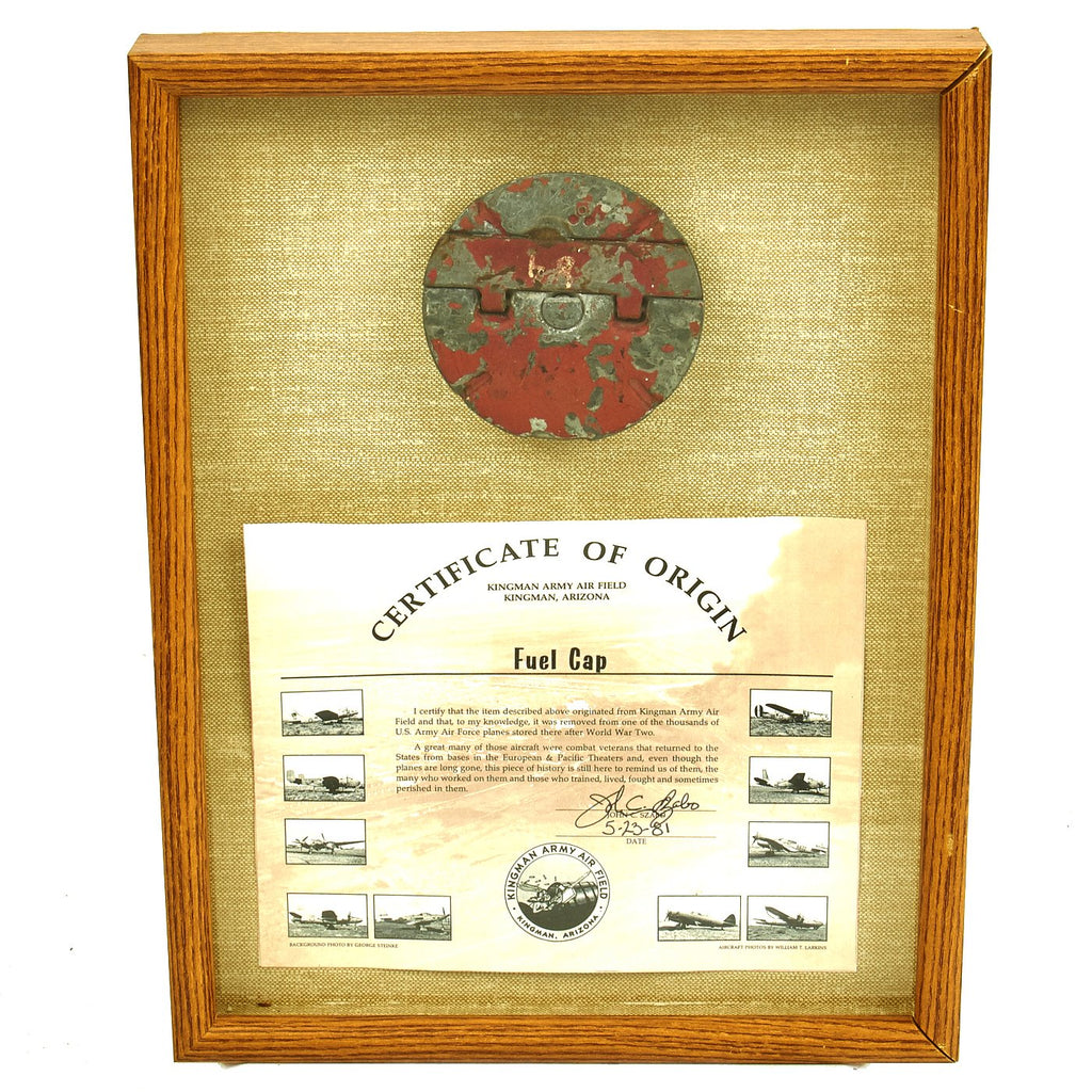 Original U.S. WWII Fuel Cap Recovered From Kingman Army Airfield in Frame with Document Original Items