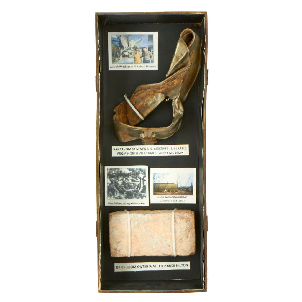 Original U.S. Vietnam War Display Box With Brick From “Hanoi Hilton” Hỏa Lò Prison and Downed Aircraft Part From NVA Museum - 24 ½” x 9 ⅝” x 3 ⅞” Original Items