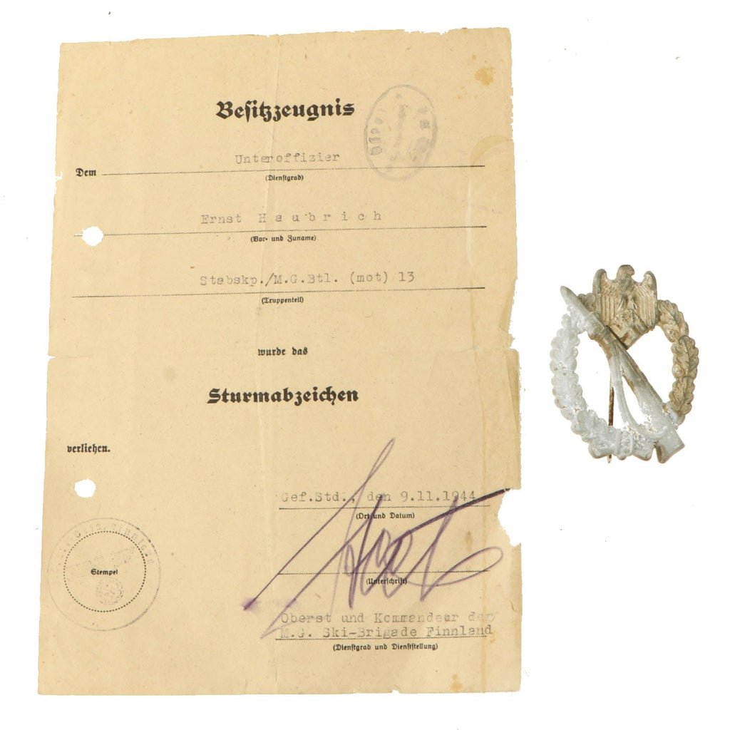 Original German WWII Silver Grade Infantry Assault Badge by Walter & Henlein with Award Document Original Items