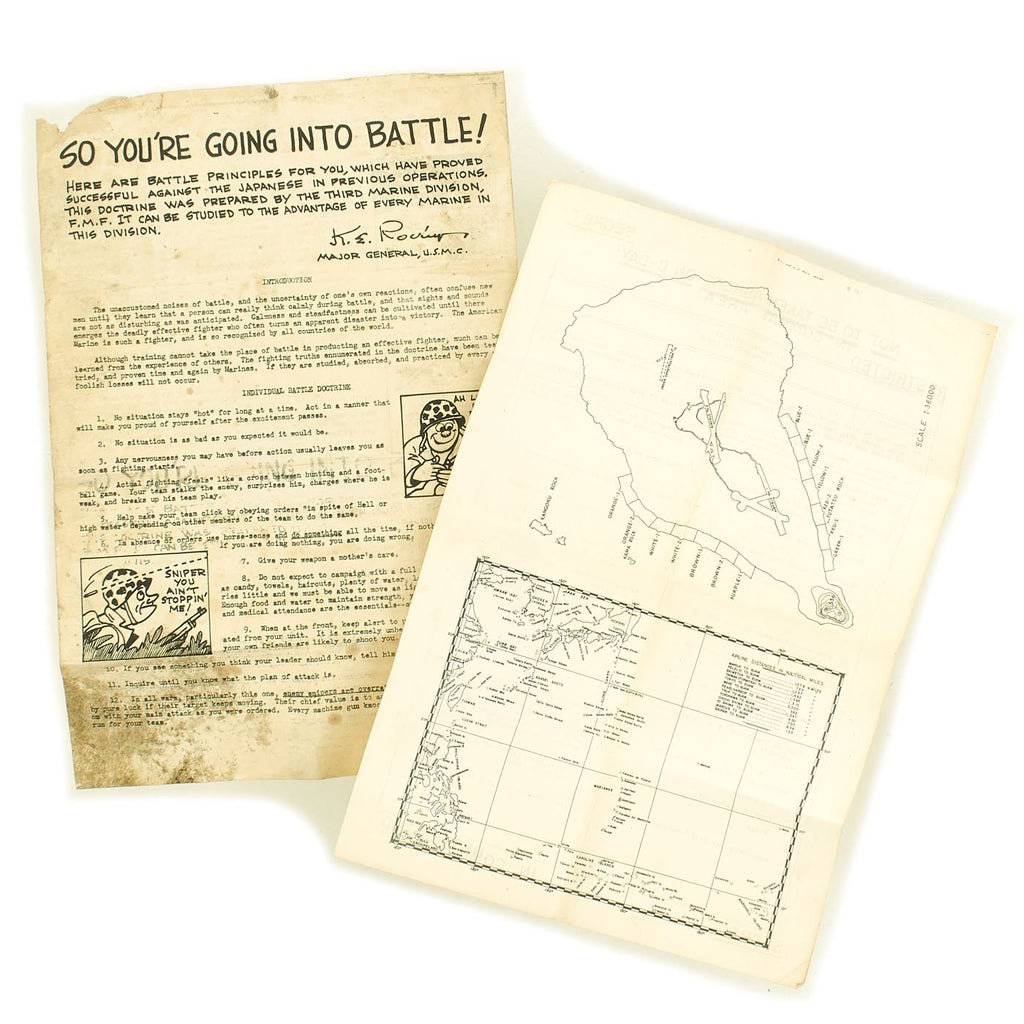 Original U.S. WIII 5th Marine Division Iwo Jima Landing Information Sheet and Individual Battle Doctrine Original Items