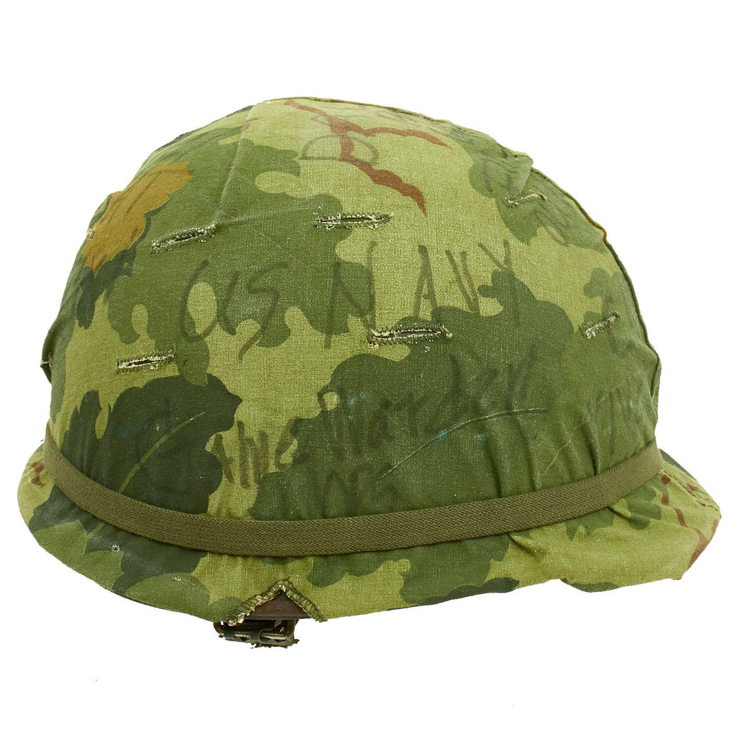 Original U.S. Vietnam War M1 Helmet with River Rat Patrol Boat Mitchell Maple Leaf Pattern Camouflage Cover Original Items