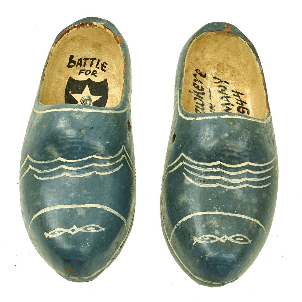 Original U.S. WWII 2nd Infantry Division Bring Back Souvenir German Wooden Clog Shoes - dated 1944 Original Items