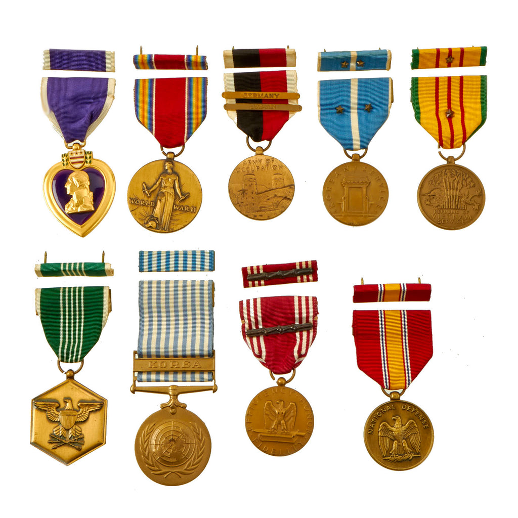 Original U.S. WWII, Korea and Vietnam Name Engraved Purple Heart Medal Grouping With Matching Ribbons - 18 Items Original Items