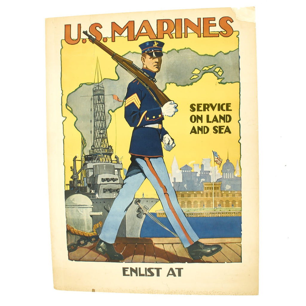 Original U.S. WWI Marine Enlistment Poster - Service on Land and Sea Original Items