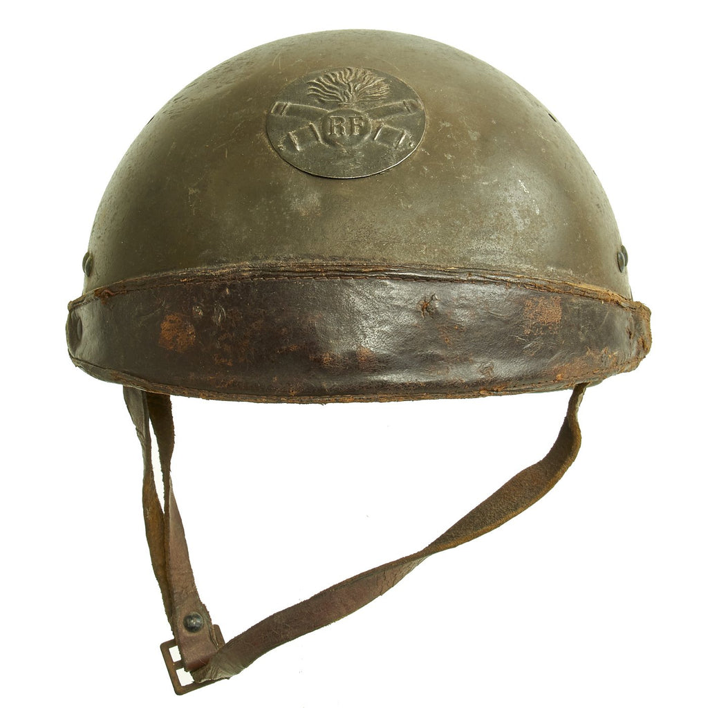 Original French WWII Model 1935 Tanker Armored Vehicle Helmet with Artillery Badge Original Items