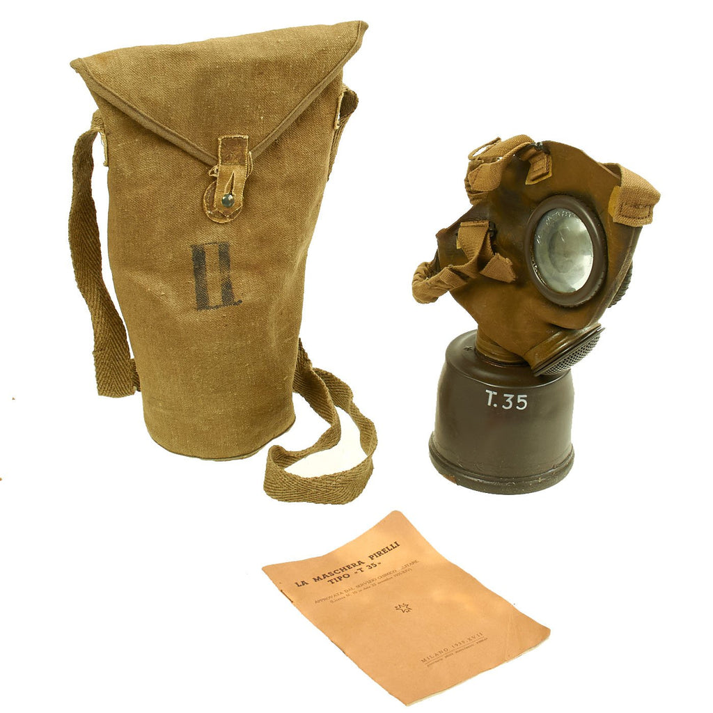 Original Italian WWII Type T.35 Rubber Gas Mask with Filter, Carry Bag, & Manual by Pirelli Original Items