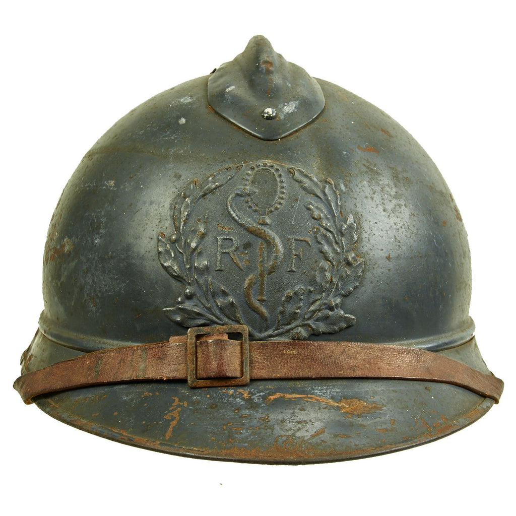 Original French WWI Model 1915 Adrian Helmet with RF Field Medical Personnel Badge Original Items