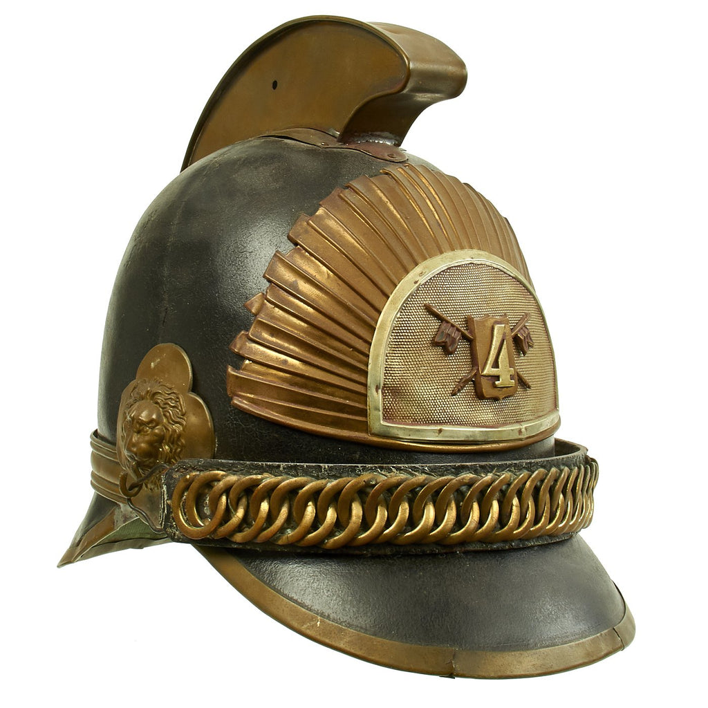 Original Belgian WWI Leather #4 Fire Brigade Helmet with Brass Comb & Hardware Original Items