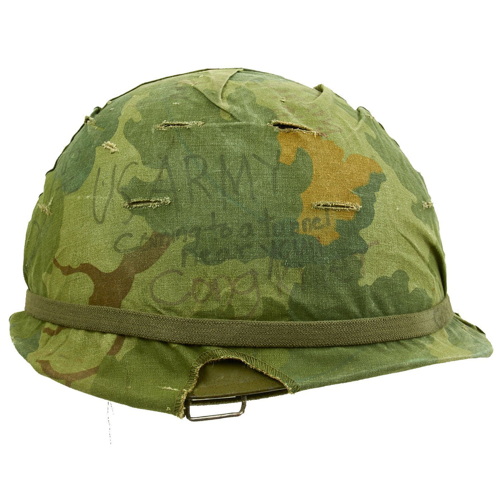 Original U.S. WWII Vietnam War M1 Personalized Peace Sign Paratrooper Helmet with USMC Reversible Camouflage Cover Original Items