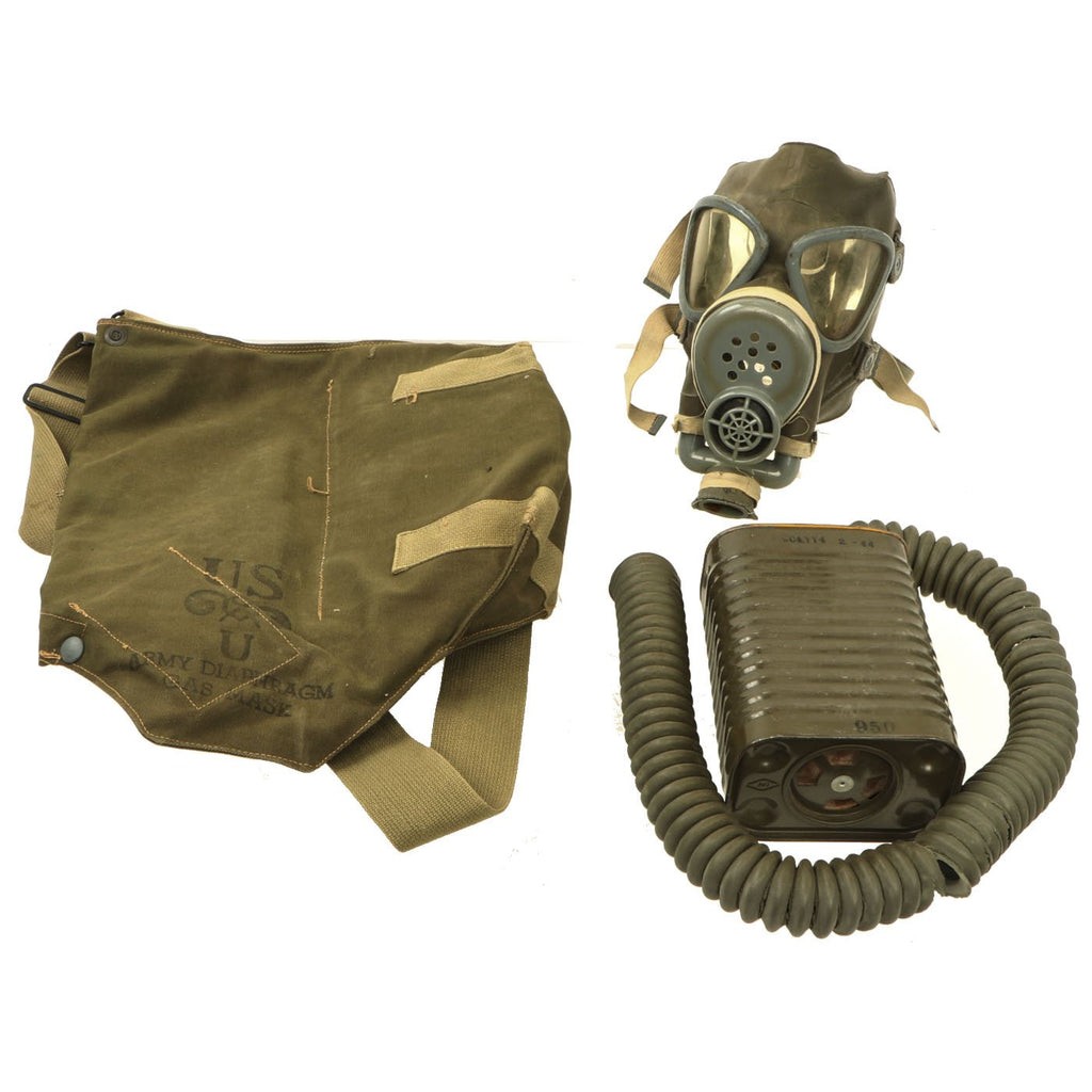 Original U.S. WWII M3A1 Diaphragm Gas Mask with MIXA2 Filter dated 1944 and MIVA1 Gas Mask Bag Original Items