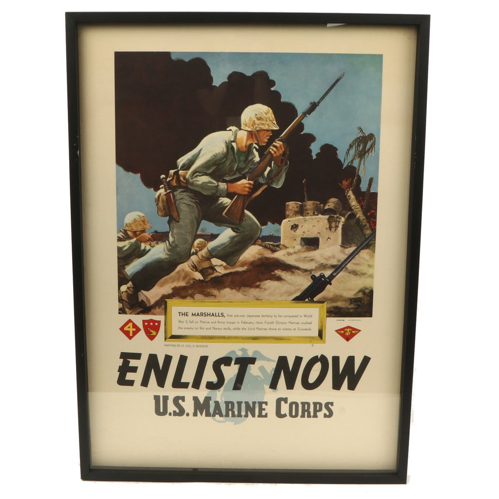 Original U.S. WWII 1944 Framed Marine Corps Enlistment Poster The Marshalls by Lieutenant Colonel D. Dickson Original Items