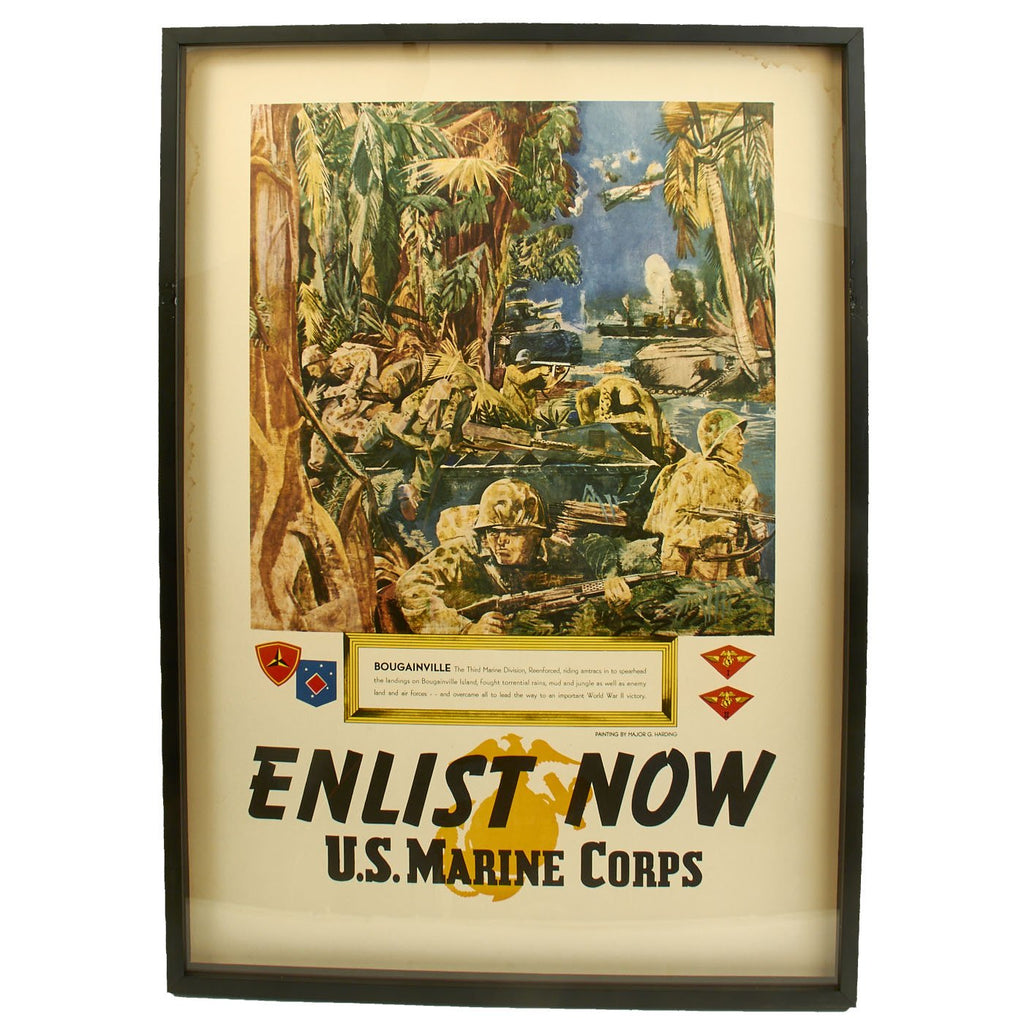 Original U.S. WWII Framed 1944 Marine Corps Enlistment Poster Bougainville by Major G. Harding Original Items