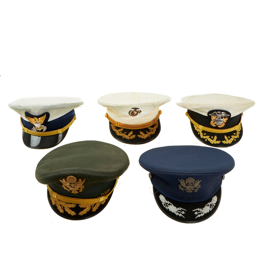 Original U.S. All Branches Service Peaked Visors USMC, Named USAF Visor, Named USCG 22nd Commandant Visor, USN & Army - Formerly Part the Tower of London Yeoman Warders Club Collection - 5 Items Original Items